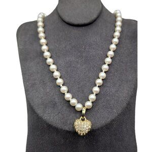 Faux Pearl Rhinestone Heart Pendant Necklace 17" Opalescent Hand Knotted Beads